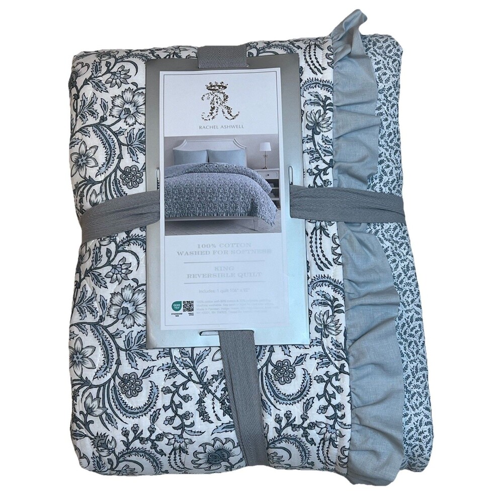 Rachel Ashwell Multicolor Floral Reversible King Quilt Cotton Ruffled 106”x92”
